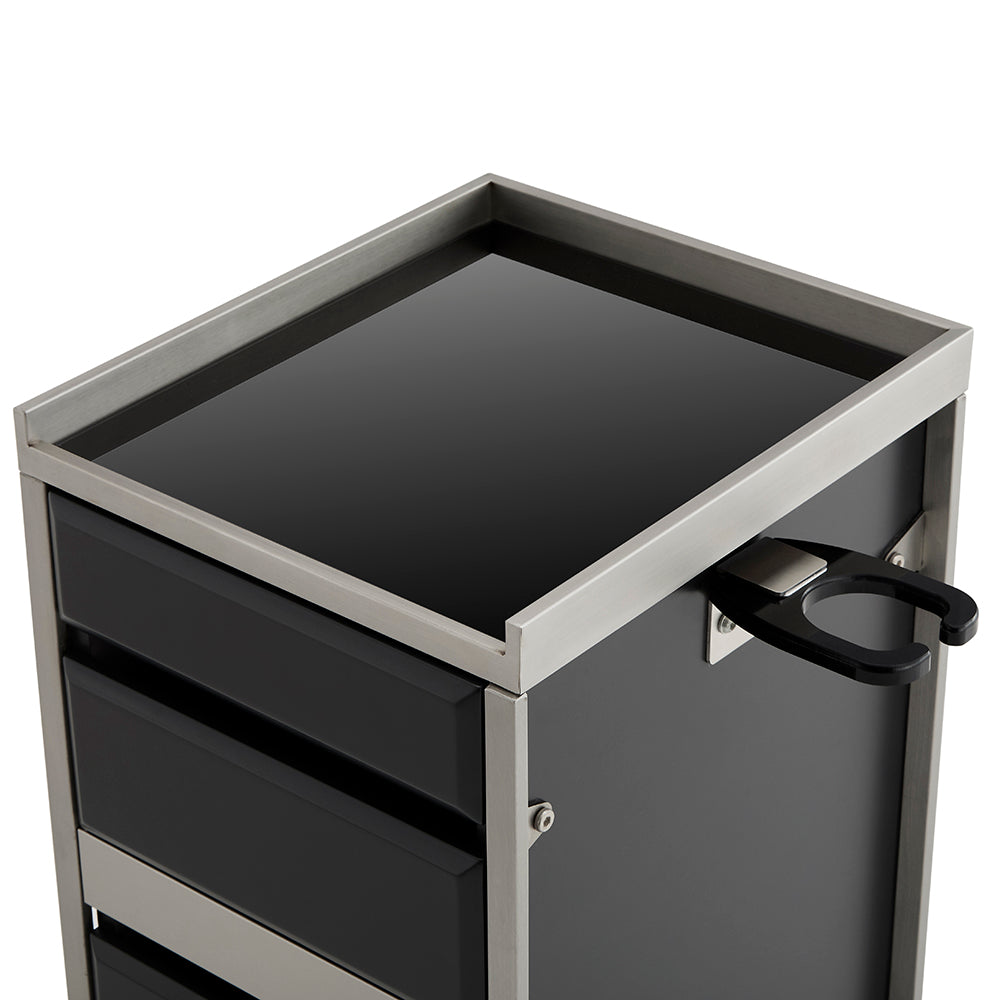 Premium 4-Drawer Barber Station - Professional Salon Storage Cabinet with Integrated Dryer Holder & Stainless Steel Trim