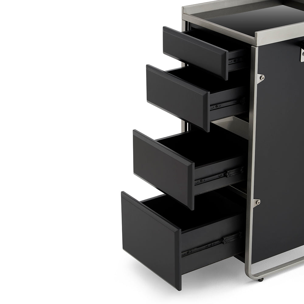 Premium 4-Drawer Barber Station - Professional Salon Storage Cabinet with Integrated Dryer Holder & Stainless Steel Trim