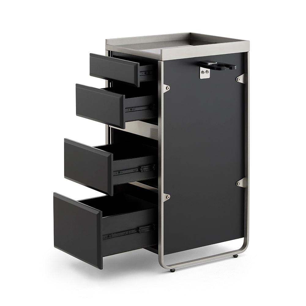 Premium 4-Drawer Barber Station - Professional Salon Storage Cabinet with Integrated Dryer Holder & Stainless Steel Trim