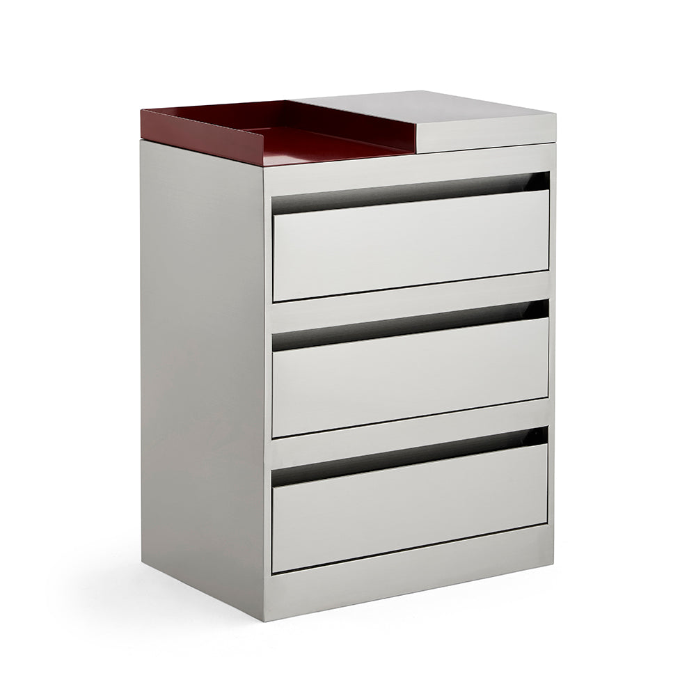 Modern Dual-Tone Salon Station - Professional 3-Drawer Metal Barber Cabinet with Recessed Crimson Worktop & Seamless Hidden Pulls