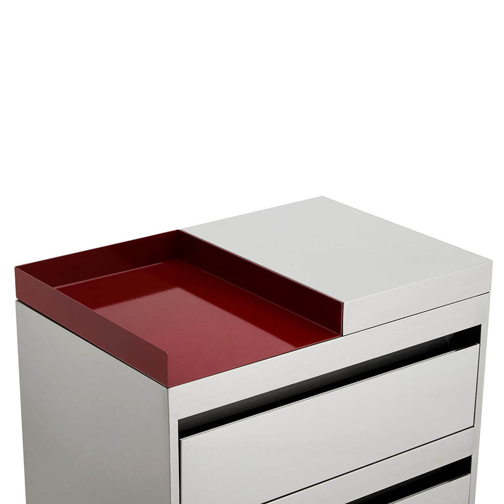 Modern Dual-Tone Salon Station - Professional 3-Drawer Metal Barber Cabinet with Recessed Crimson Worktop & Seamless Hidden Pulls