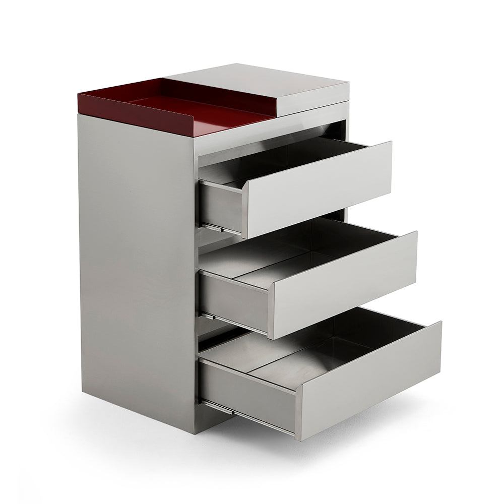 Modern Dual-Tone Salon Station - Professional 3-Drawer Metal Barber Cabinet with Recessed Crimson Worktop & Seamless Hidden Pulls