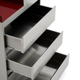 Modern Dual-Tone Salon Station - Professional 3-Drawer Metal Barber Cabinet with Recessed Crimson Worktop & Seamless Hidden Pulls