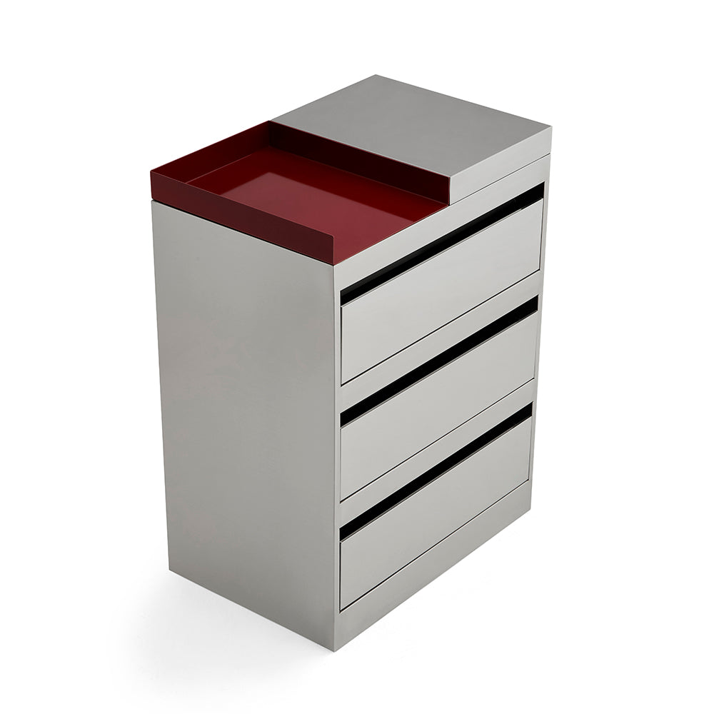 Modern Dual-Tone Salon Station - Professional 3-Drawer Metal Barber Cabinet with Recessed Crimson Worktop & Seamless Hidden Pulls