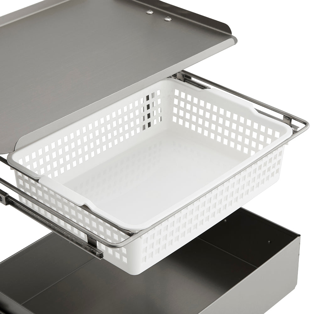 Heavy-Duty Stainless Steel Salon Trolley - Industrial Mobile Organizer with Sliding Trays and Side Wire Basket