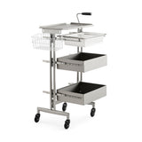Heavy-Duty Stainless Steel Salon Trolley - Industrial Mobile Organizer with Sliding Trays and Side Wire Basket