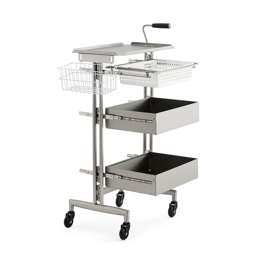 Heavy-Duty Stainless Steel Salon Trolley - Industrial Mobile Organizer with Sliding Trays and Side Wire Basket