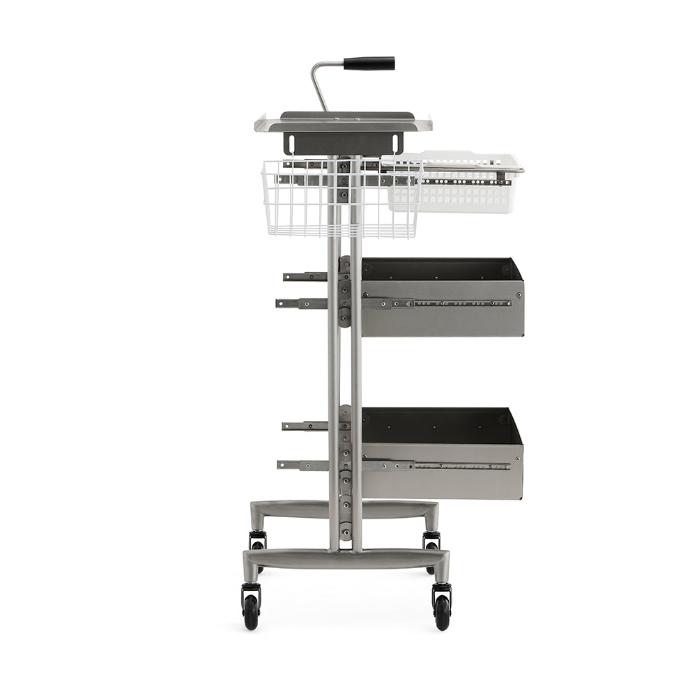 Heavy-Duty Stainless Steel Salon Trolley - Industrial Mobile Organizer with Sliding Trays and Side Wire Basket