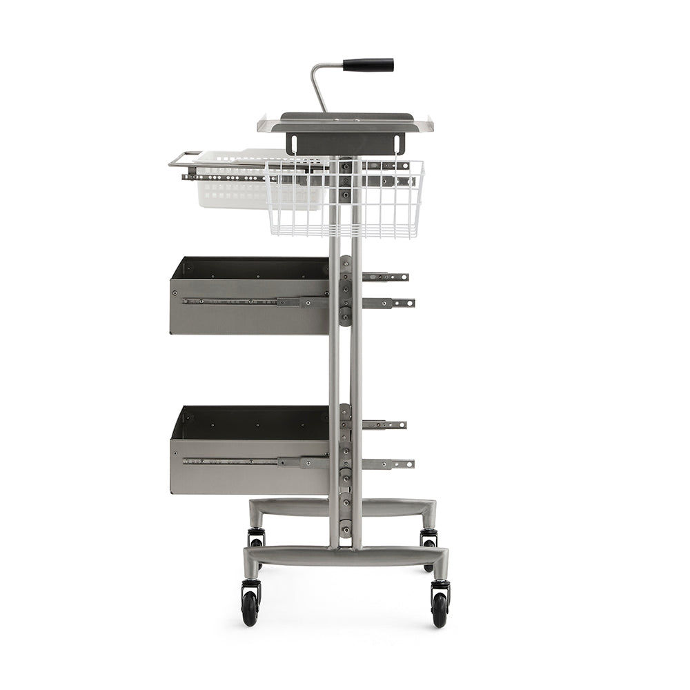 Heavy-Duty Stainless Steel Salon Trolley - Industrial Mobile Organizer with Sliding Trays and Side Wire Basket