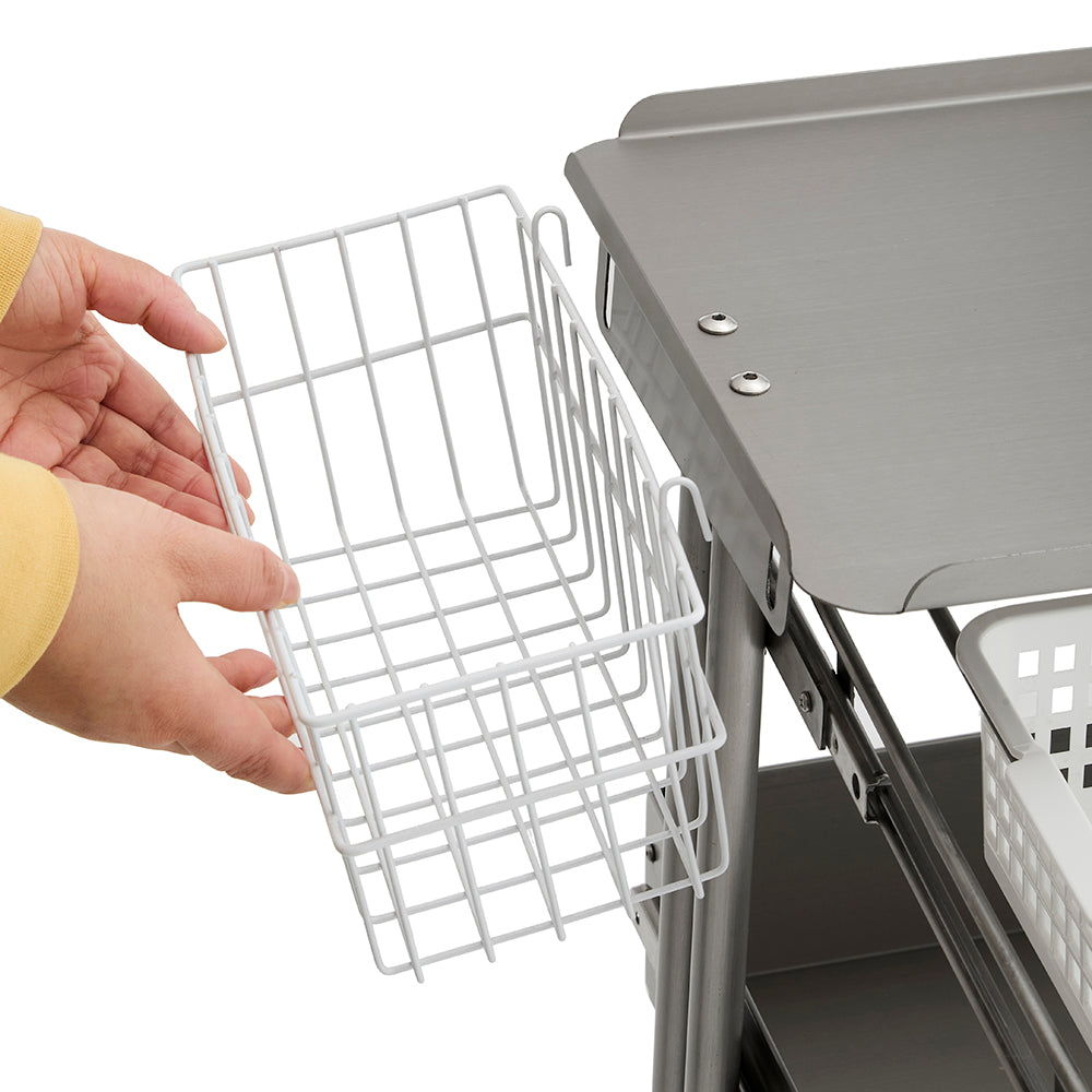 Heavy-Duty Stainless Steel Salon Trolley - Industrial Mobile Organizer with Sliding Trays and Side Wire Basket