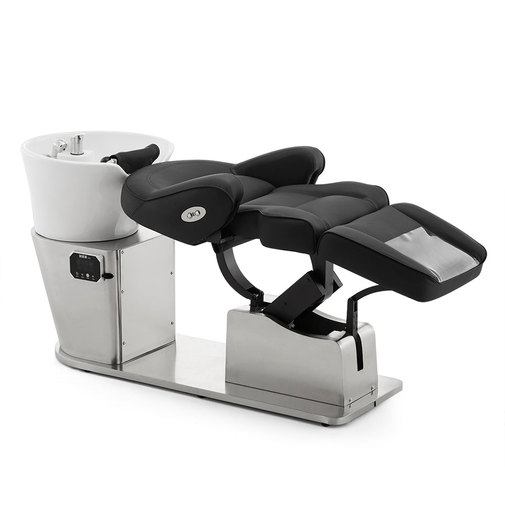 Luxury Electric Fully-Reclining Shampoo Chair - Professional Head Spa Bed with Stainless Steel Base, Ceramic Bowl & Smart Control Panel